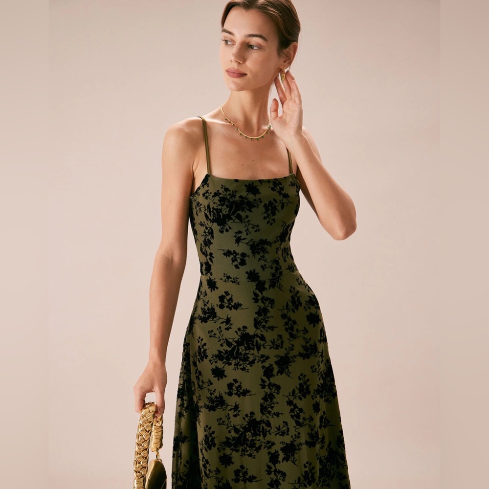 NWT RIHOAS The Green Floral Burnout A-Line Slip Midi Dress - Picture 2 of 6